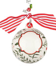 Customizable Christmas ornament with names. Front has holly design and space for personalization. Pretty red ribbon on wire beaded hook.