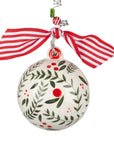 Back side of Christmas ornament with names. Hand-painted holly design with red striped ribbon on beaded hook.