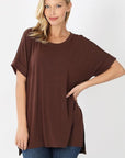 Women's basic tee in dark brown with rolled short sleeves.