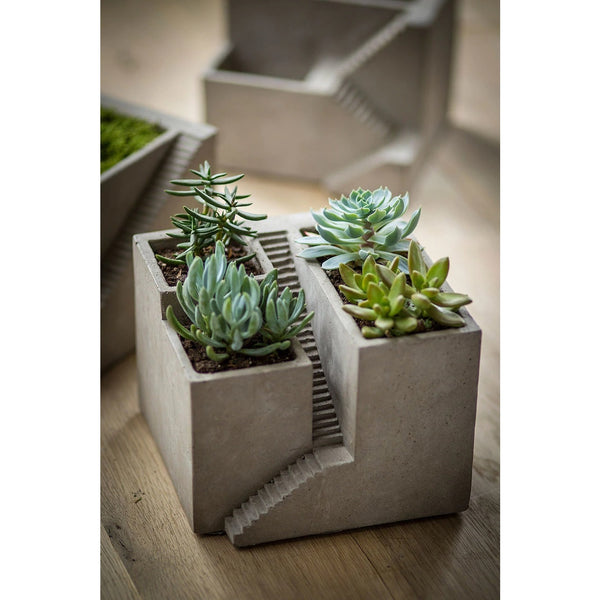 Unique planters and pots. Cement architectural designed pot with three planters shown with succulents.