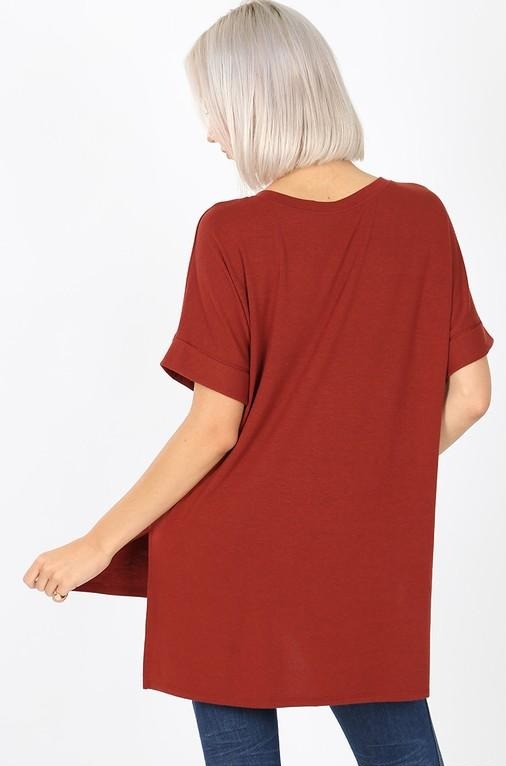 Back view of Women&#39;s basic tee with rolled short sleeves.