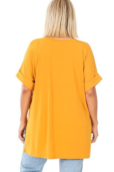 back view of Basic Tees Women Plus Size: Short sleeve v-neck with rolled sleeve