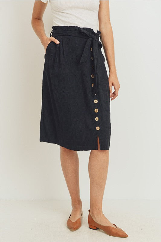 Belted paperbag waist skirt in black.