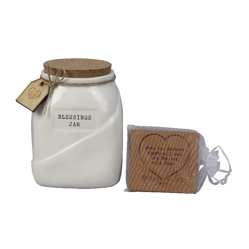 Blessings in a jar. Jar comes with pre-printed blessings and blank cards for personal blessings.