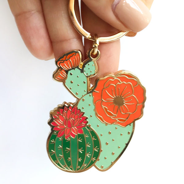 Gifts for a plant lover. Blooming cacti keychain in colorful enamel.