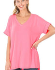 Basic Tees Women: Short sleeve v-neck with rolled sleeve bright pink