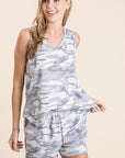 Camo lounge set (womens) shown on model.