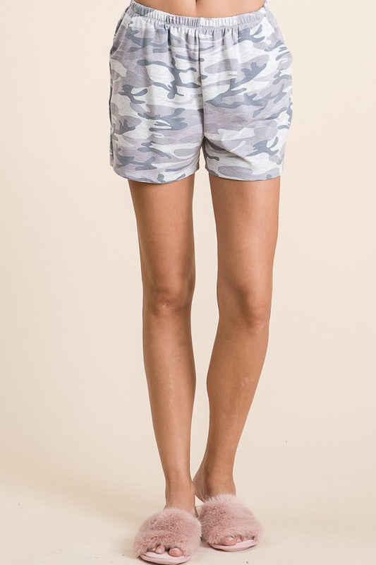 Camo lounge set (womens). Close up of shorts with elastic waistband.