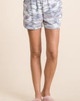 Camo lounge set (womens). Close up of shorts with elastic waistband.