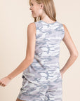 Back view of camo lounge set (womens) on model.