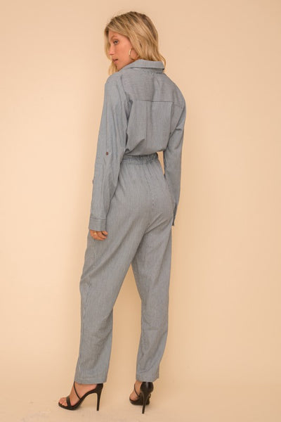 Back view of Women's striped coveralls.