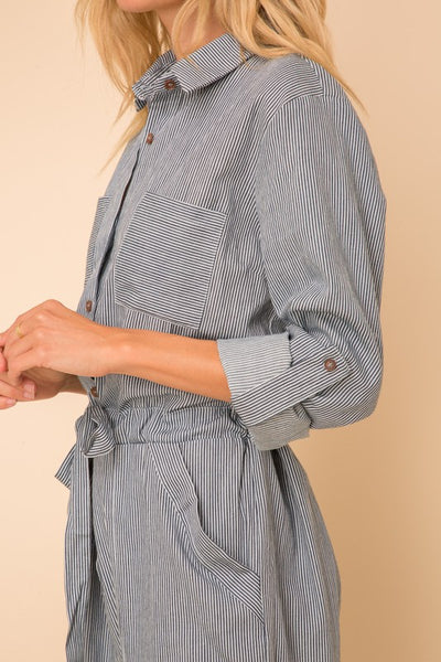 Close up view of Women's striped coveralls.