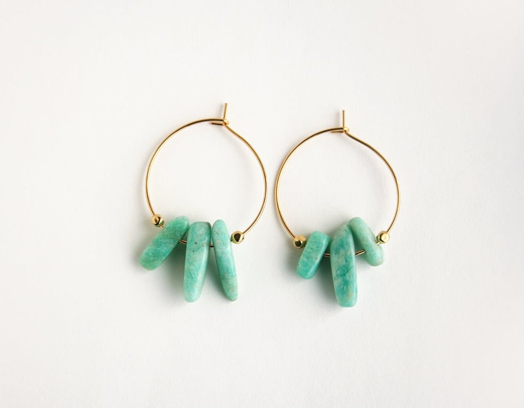 Coloured stone hoop earrings with Amazonite stone on gold hoop.