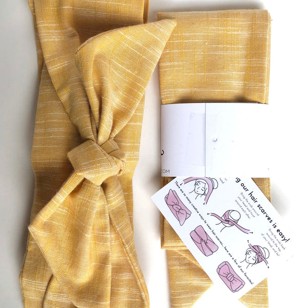 Cute scarves for hair. Warm yellow cotton with instructions for tie.
