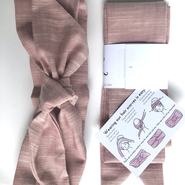 Cute scarves for hair. Soft blush color comes with instructional card on ways to tie.