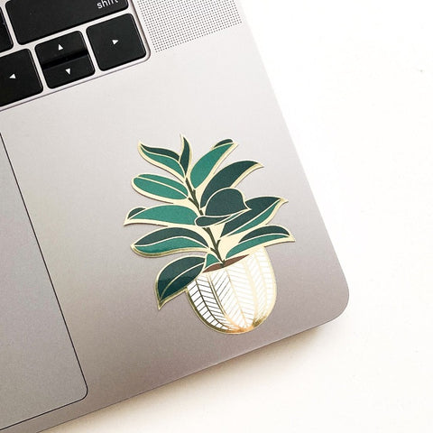 Cute stickers for your computer. Rubber tree plant sticker shown on laptop.