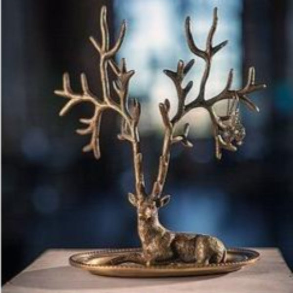 Deer decor for home. Antiqued brass deer jewelry holder.
