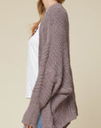 Side view of mocha colored soft dolman sleeve cardigan.