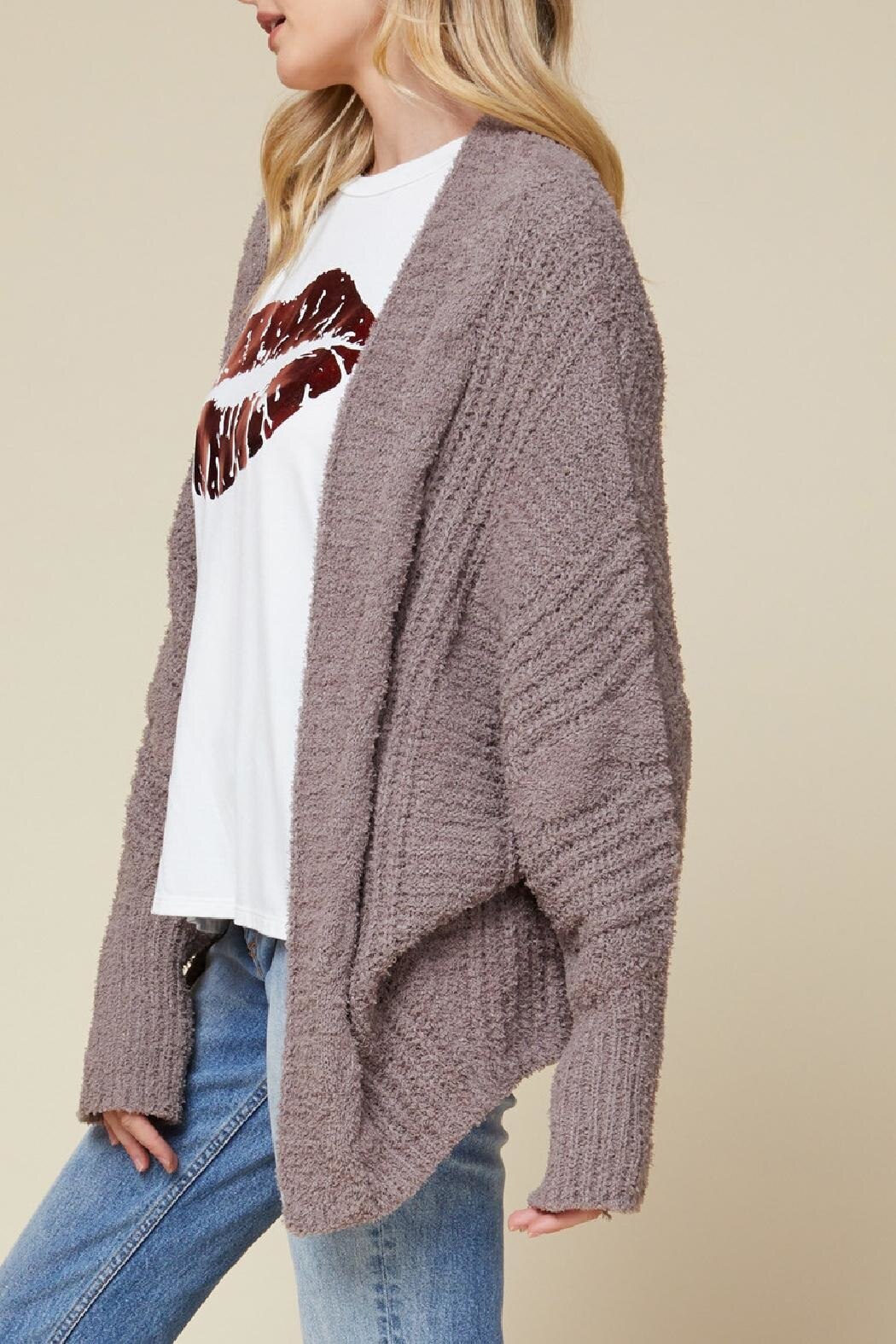 Oversized women's super soft cardigan in mocha side view.