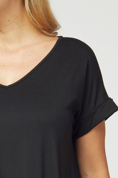 close up of Women's Boutique Plus Size Dress - Black v-neck with rolled short sleeves