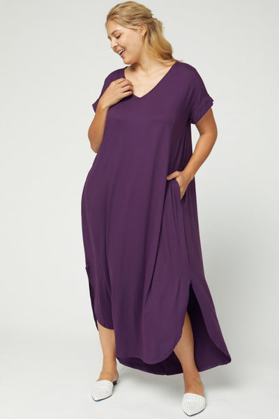 Women's Boutique Plus Size Dress - Plum v-neck maxi with high low hem