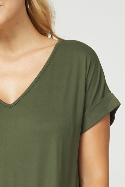 Close up of Women's Boutique Plus Size Dress - Olive v-neck with rolled sleeve