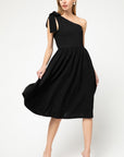 One shoulder, fit and flare knit little black dress in midi length.