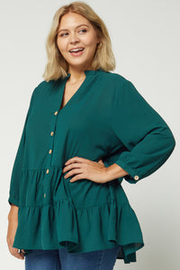 Plus size women's tops and blouses. Teal button up v-neck 3/4 sleeve tiered tunic.