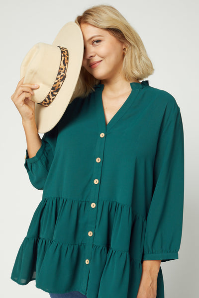 Plus size women's tunic with v-neck, button up front, 3/4 sleeves.