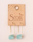 Natural stone drop earrings in amazonite and gold on leather display card.