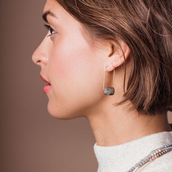 Natural stone drop earrings worn by model.