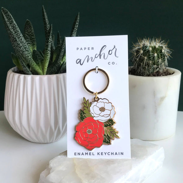 Unique gifts for plant lovers. Floral cluster keychain shown on display card.