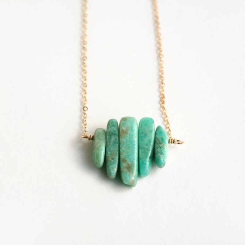 Gold stone pendant necklace with Amazonite.