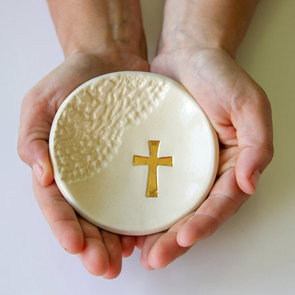 Handmade ring dish gift. White with gold cross.