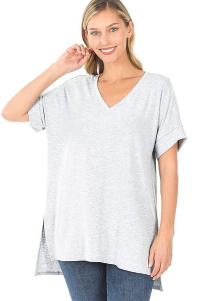 Basic Tees Women: Short sleeve v-neck with rolled sleeve heather grey