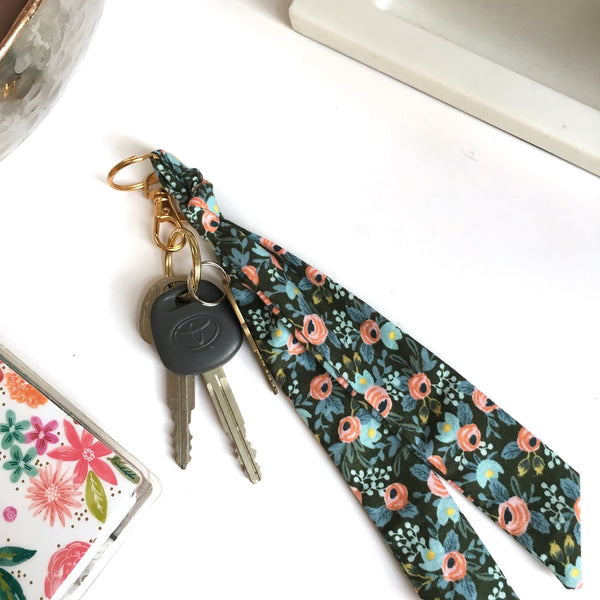 Scarf key chain. Hunter green floral print.