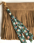 Scarf key chain. Hunter green floral print hooked to zipper pull.