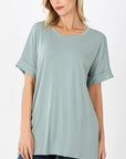 Women's basic tee in light green with rolled short sleeves.