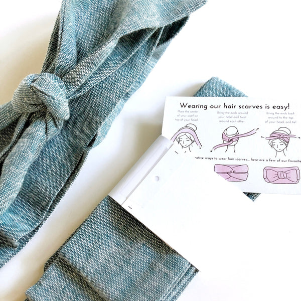 Cute hair wrap scarf. Cerulean blue linen shown with info card on how to tie.