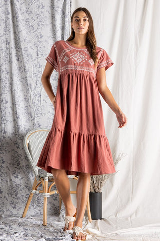 cute cotton dress. marsala color with embroidery. Short sleeve.