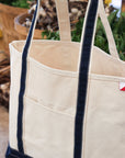 Perfect beach tote. Navy and natural open top.