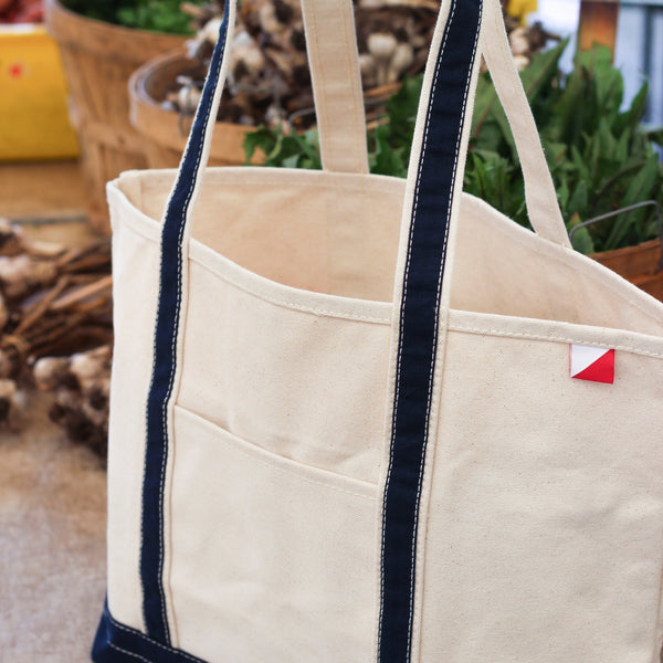 Perfect beach tote. Navy and natural open top.