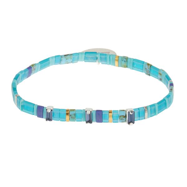 Aqua glass bead bracelet with rhinestones and silver charm engraved with &quot;breathe&quot;.