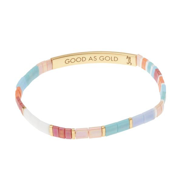 Colorful glass bracelet in miyuki style with gold bar engraved with &quot;Good as Gold&quot;.