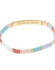 Colorful glass bracelet in miyuki style with gold bar engraved with "Good as Gold".