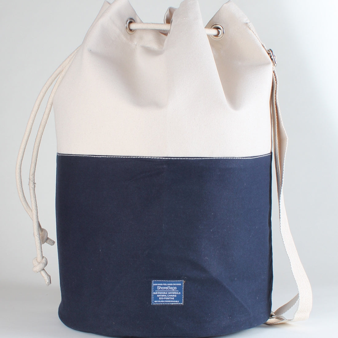 Canvas laundry tote bag. Navy and natural.