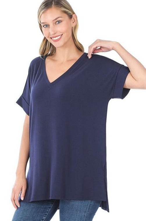 Basic Tees Women: Short sleeve v-neck with rolled sleeve navy