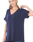 Basic Tees Women: Short sleeve v-neck with rolled sleeve navy