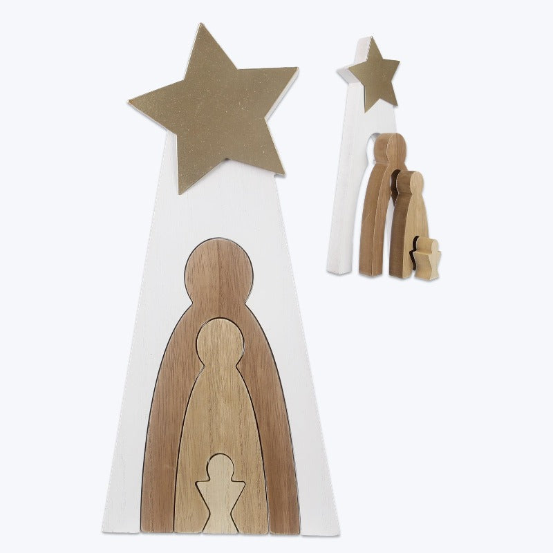 Wooden nesting nativity set with minimalist design and oversized star.