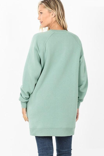 Back of long tunic sweatshirt with total bum coverage.